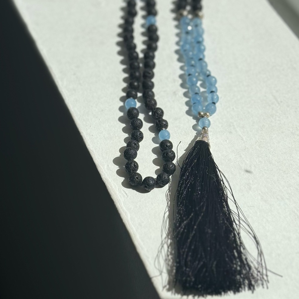 Black Lava Stone With 6 Mm Blue Jade Natural Stone Mala Necklace